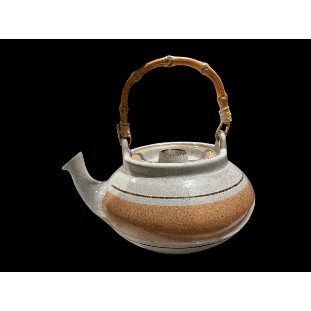 Pottery Craft USA Stoneware Teapot 7 Cup Bamboo Handle Rustic Speckled READ
